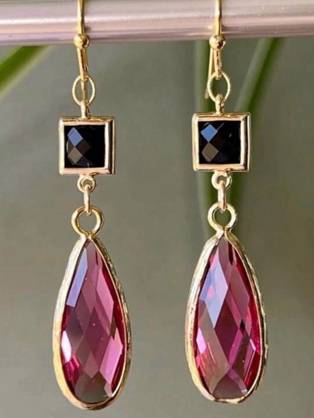 Gold Plated Drop Earrings with Pink Teardrop Crystal